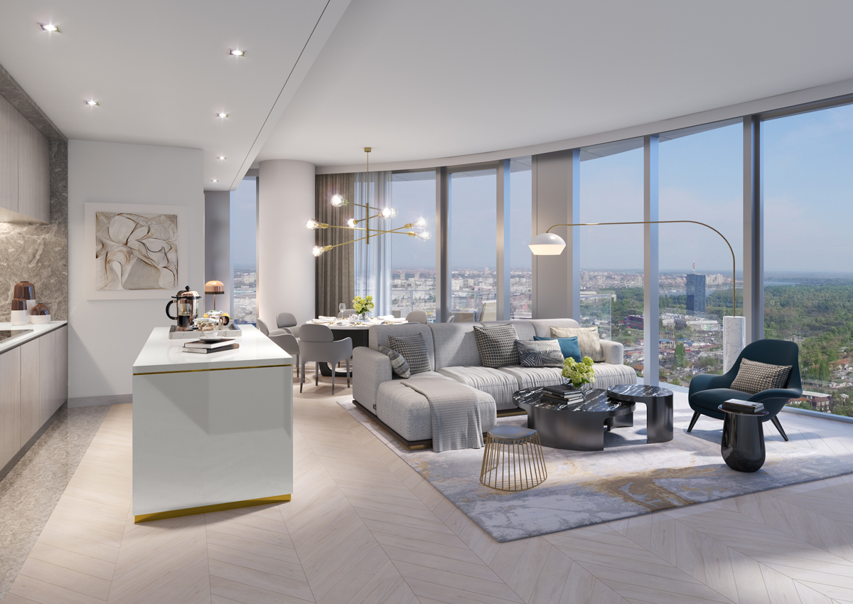 BW-Residence-Sky-Collection Living room with dining room and kitchen in Kula Belgrade, from where you can enjoy a wonderful view of the city