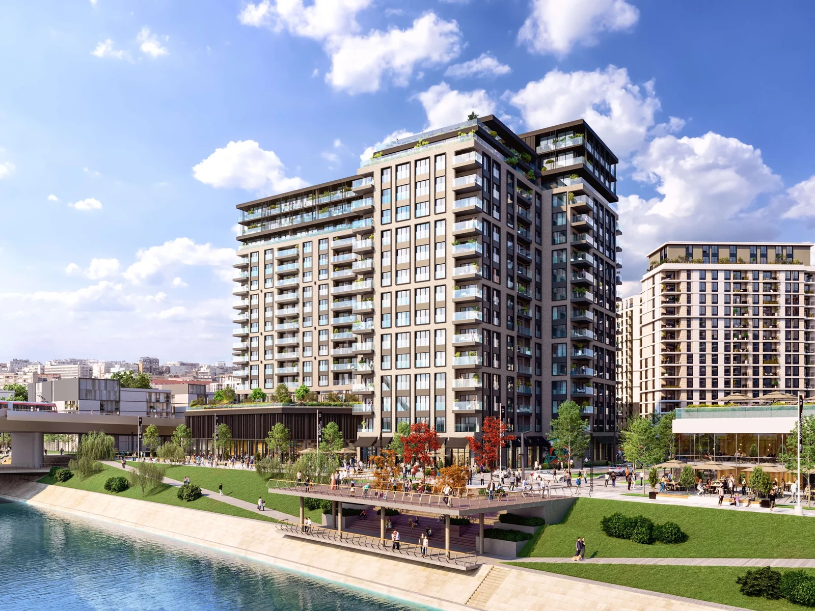 Zgrada BW Victoria sa pogledom na Sava Promenadu i reku, u čijem se prizemlju nalaze prodavnice, restorani i kafići