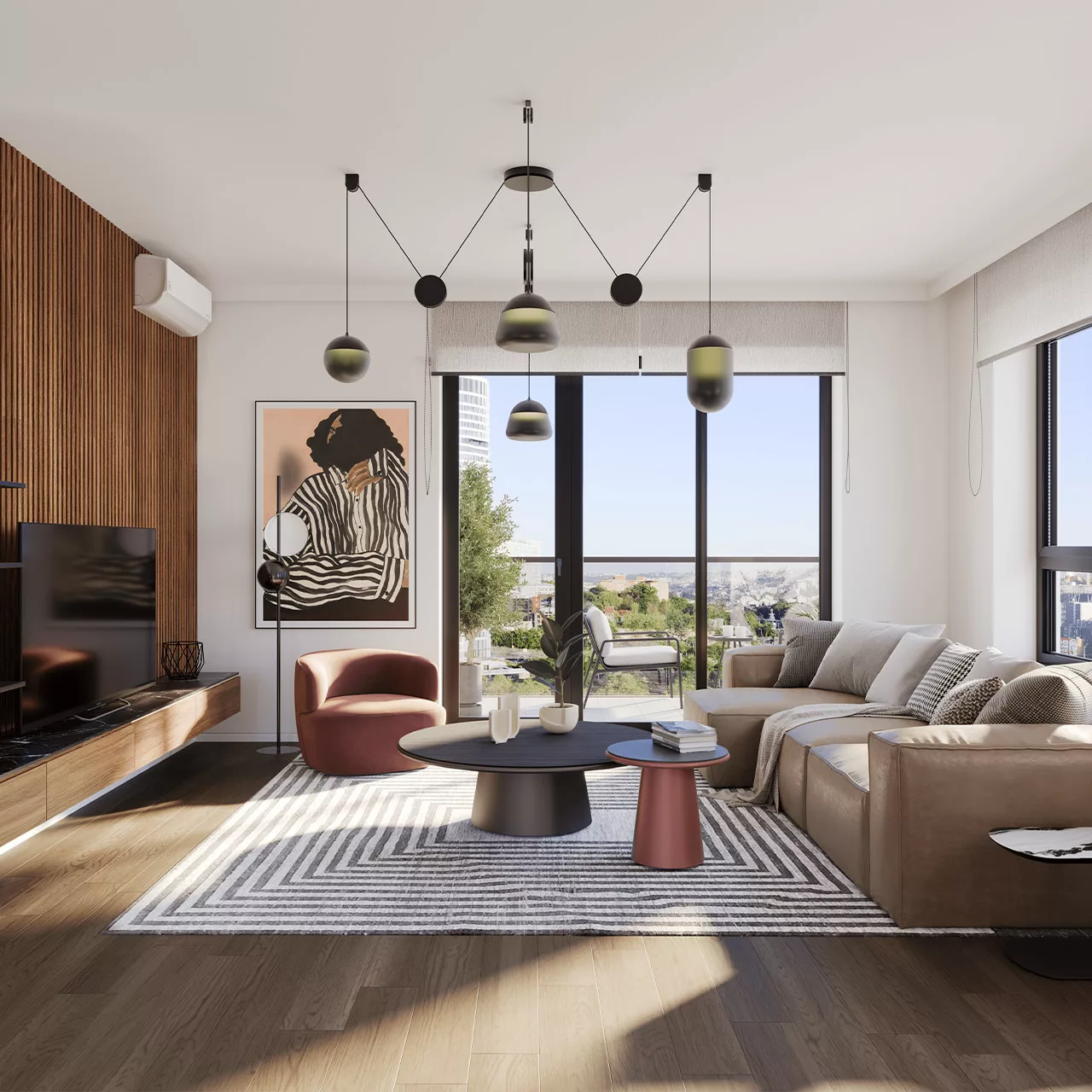 Living room with terrace in the penthouse apartment in the BW Rima building