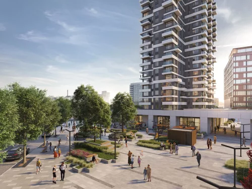 Uređen plato ispred zgrade BW Rima na kom se nalaze maloprodajni objekti, kafići i restorani