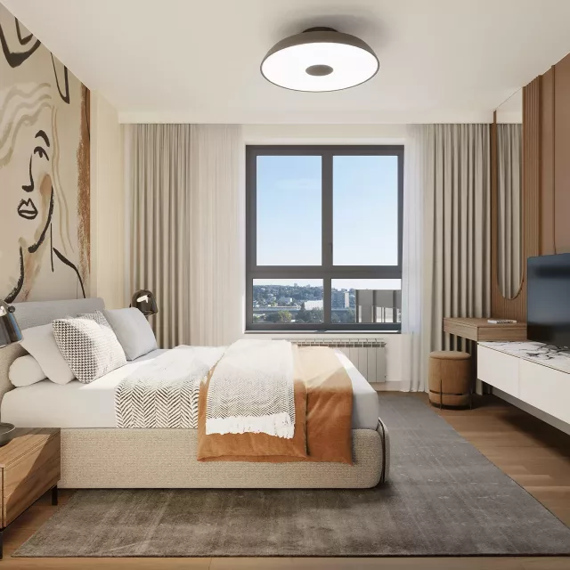 Spavaća soba sa visokim prozorima u zgradi BW Rima