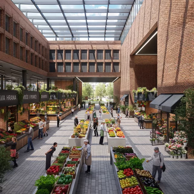 Prodavci i njihove tezge voća, povrća, delikatesa u natkrivenoj pijaci