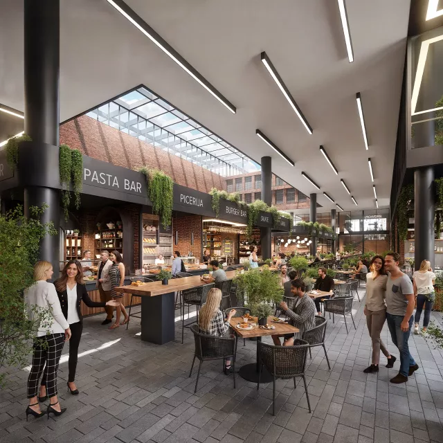 The part of the market where there are restaurants with a seating area