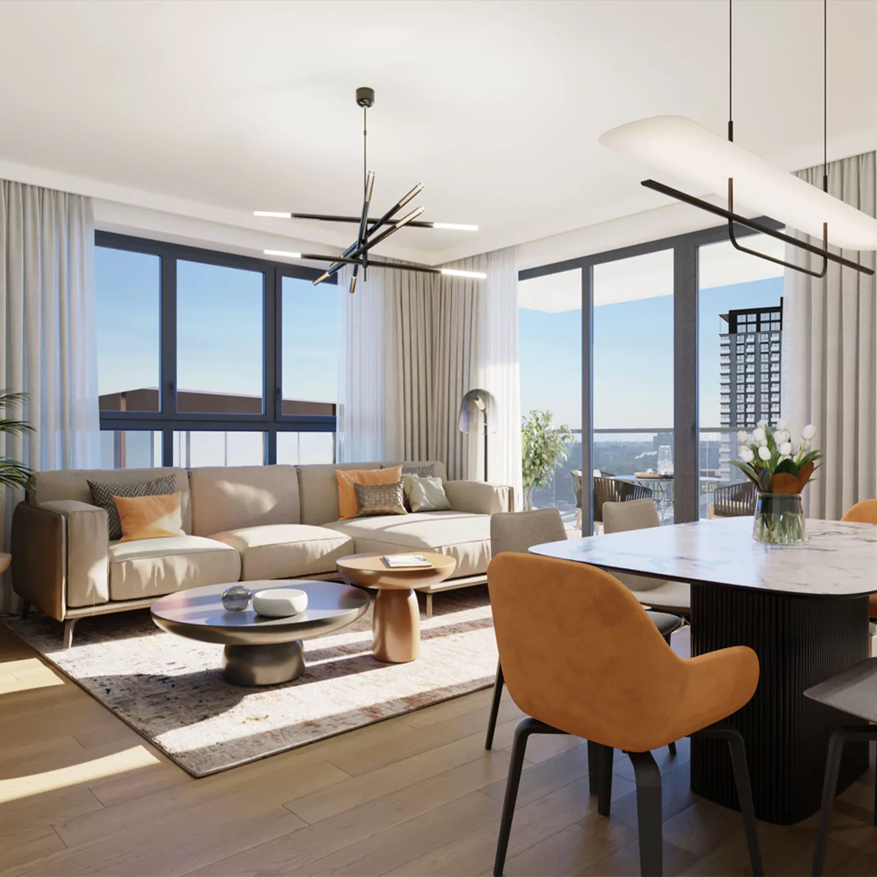 Living room and dining area with terrace in BW Rima building