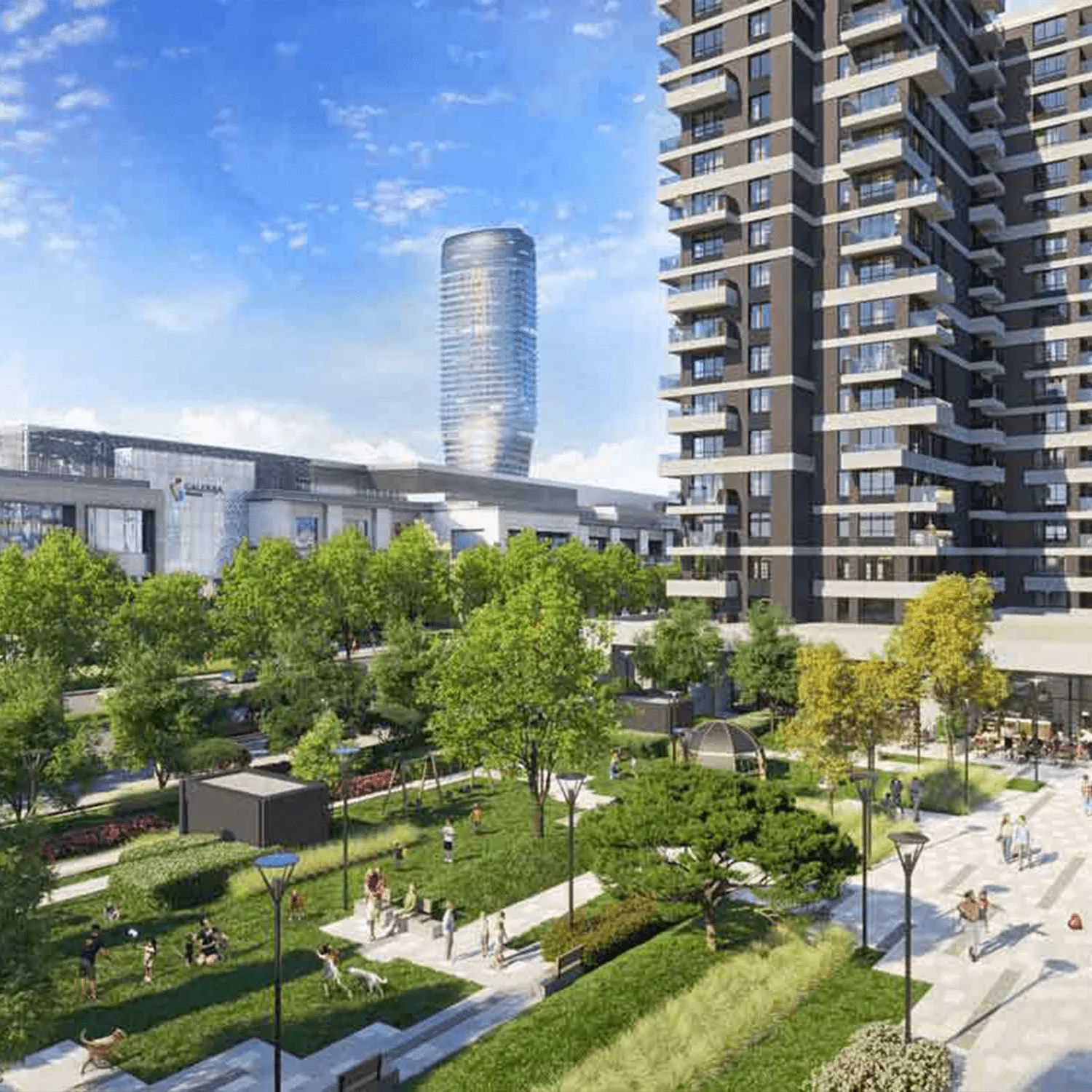 BW Nota, a courtyard in front of the building with a children’s playground and a shopping center Galerija
