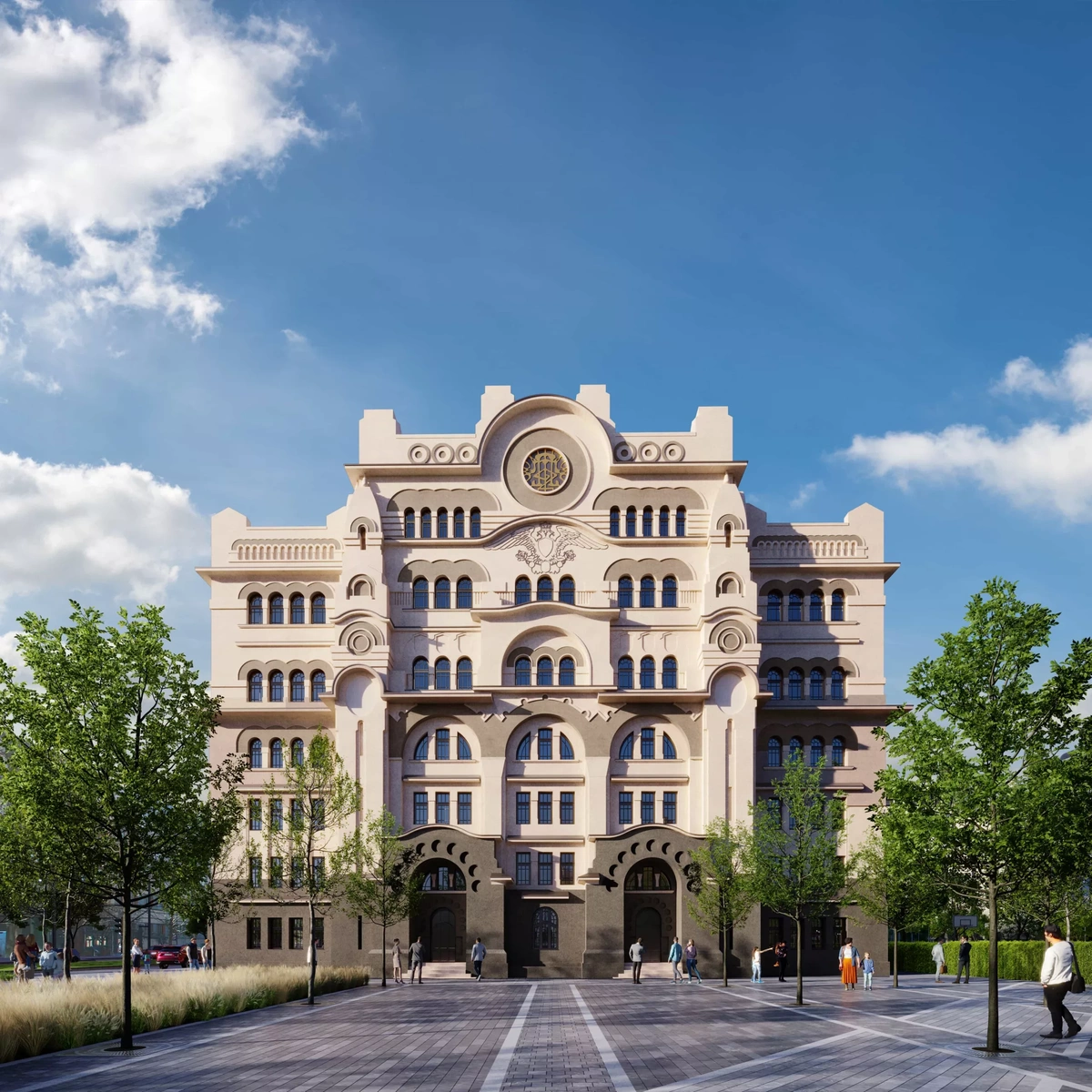 Entrance to the new building of the Cultural Center, the former post office, made according to the original drawings of the Serbian Gaudí, Momir Korunović.