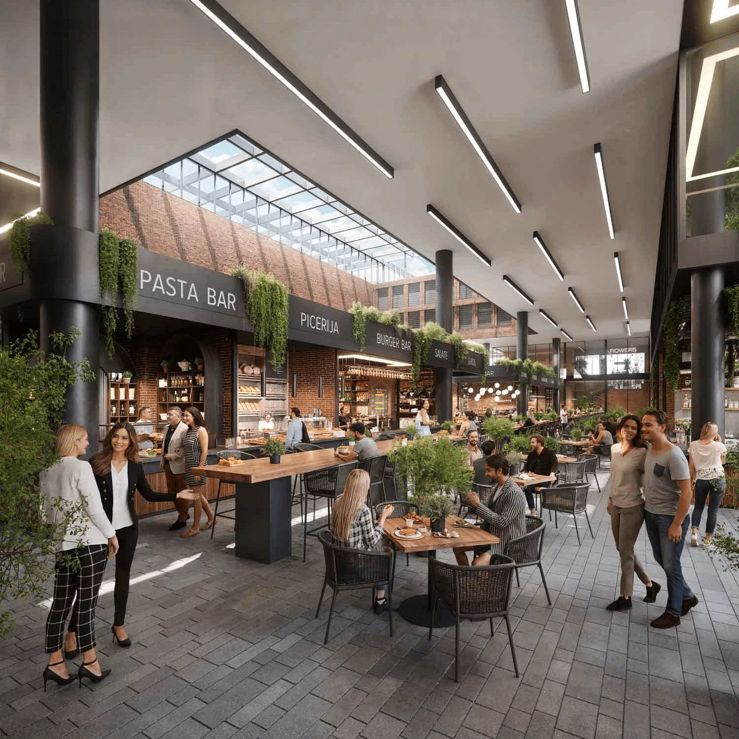 The part of the market where there are restaurants with a seating area