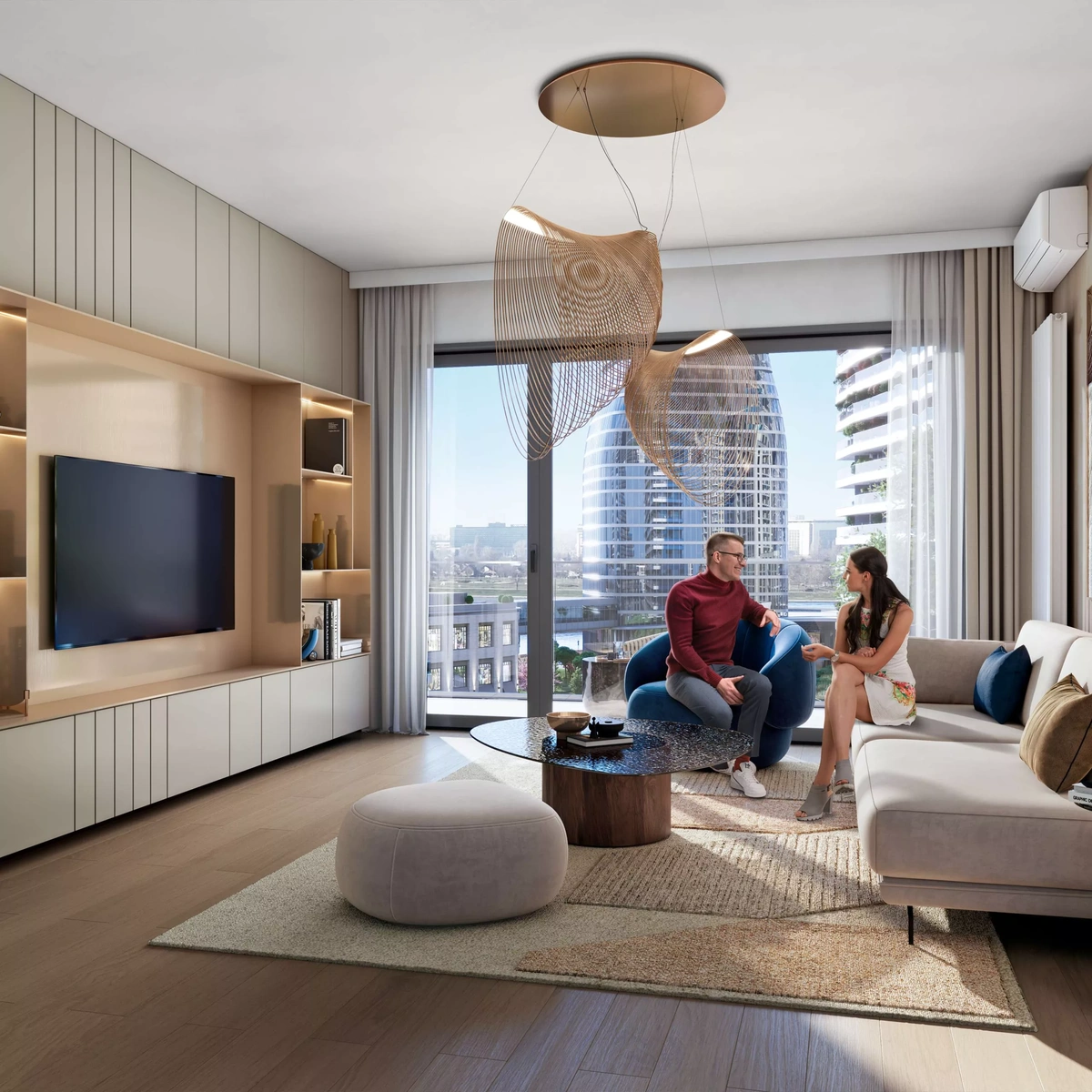 Living room in the BW Bella building overlooking the Kula Belgrade, the Sava River, and the Sava Promenada.