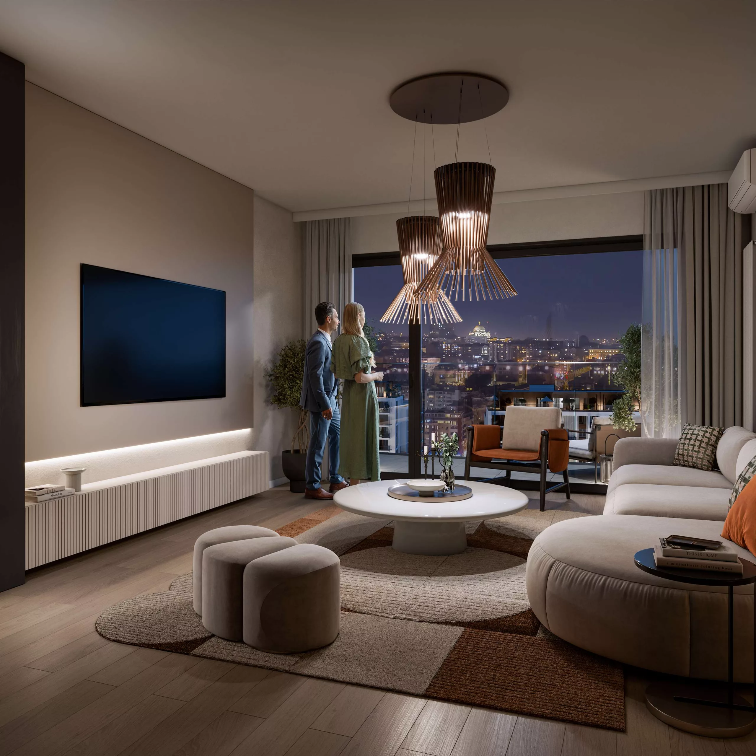 Living room in the BW Bella building overlooking the Old Town and the Temple of St. Sava