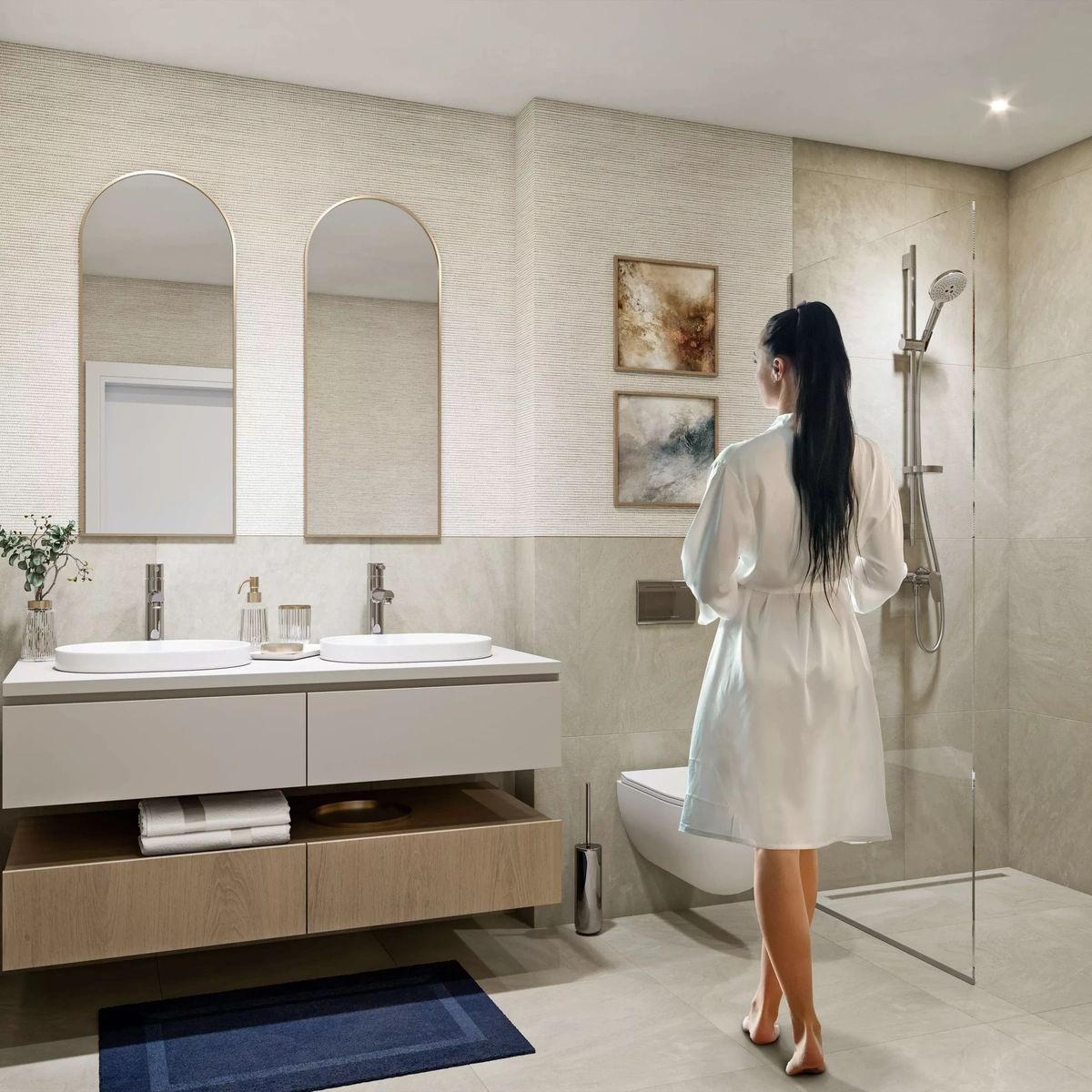 Bathroom with a shower cabin, and tiles and sanitary ware from renowned manufacturers