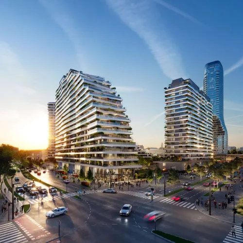 The BW Bella building features a podium with shops, cafes, and restaurants