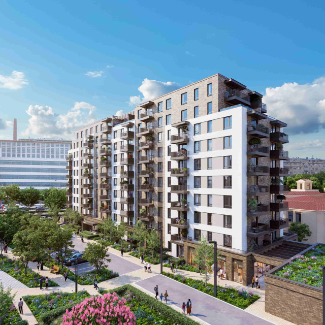 The exterior of the BW Vizia building with retail spaces on the ground floor.