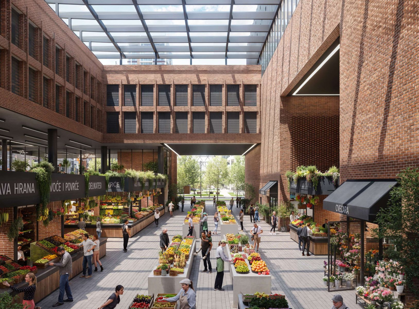 Prodavci i njihove tezge voća, povrća, delikatesa u natkrivenoj pijaci.