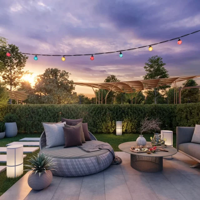 Uređeno dvorište sa baštenskim nameštajem u zgradi BW Sava.