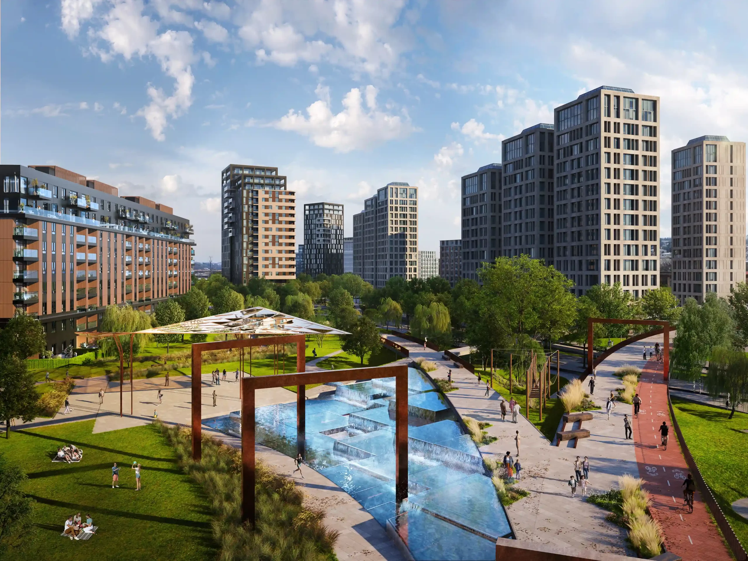 Pogled na linijski park “Zelena pruga” sa fontanom u okviru Beograda na vodi.