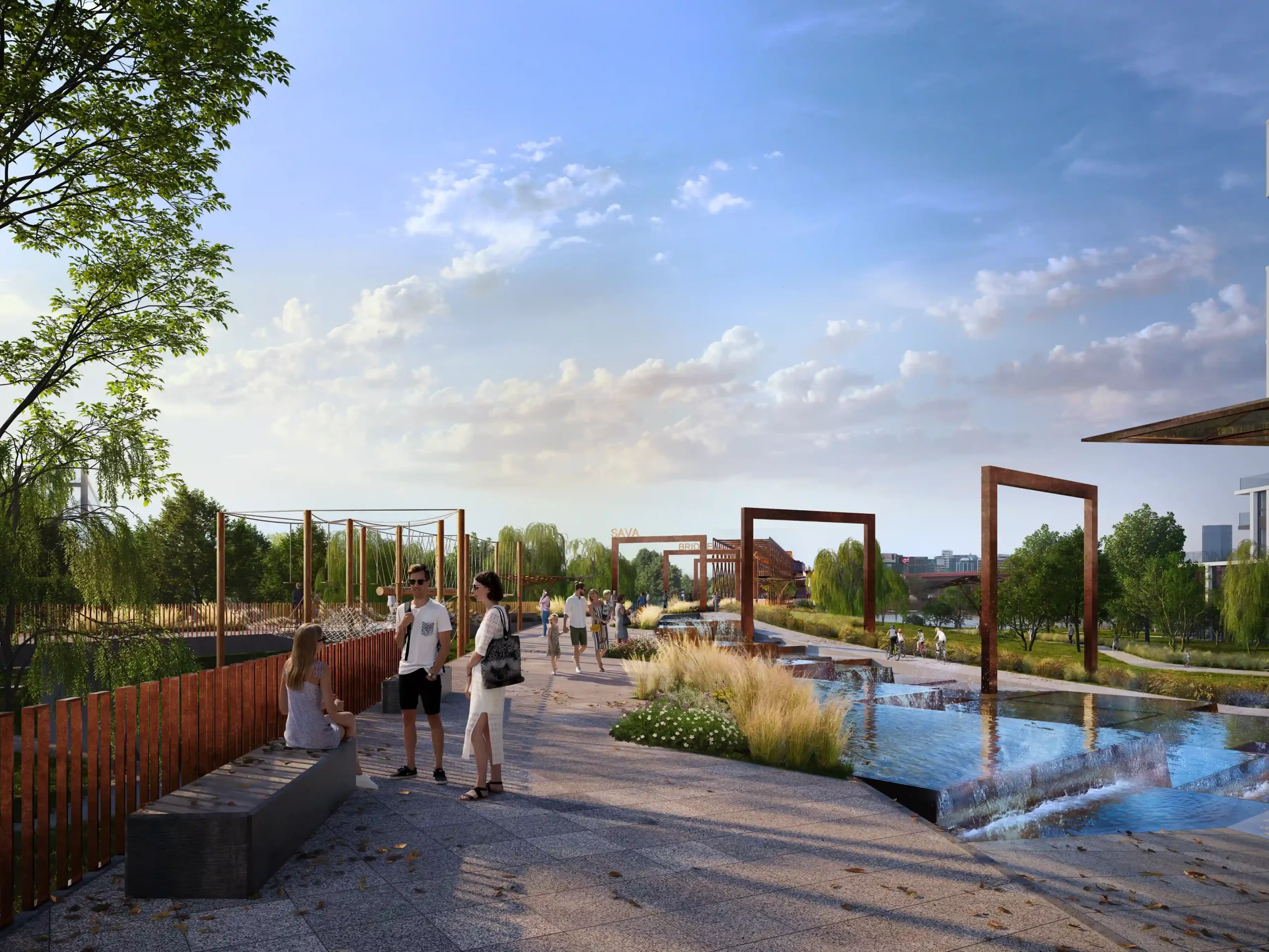 Residents of Belgrade Waterfront enjoying the relaxing ambiance of the new linear park.