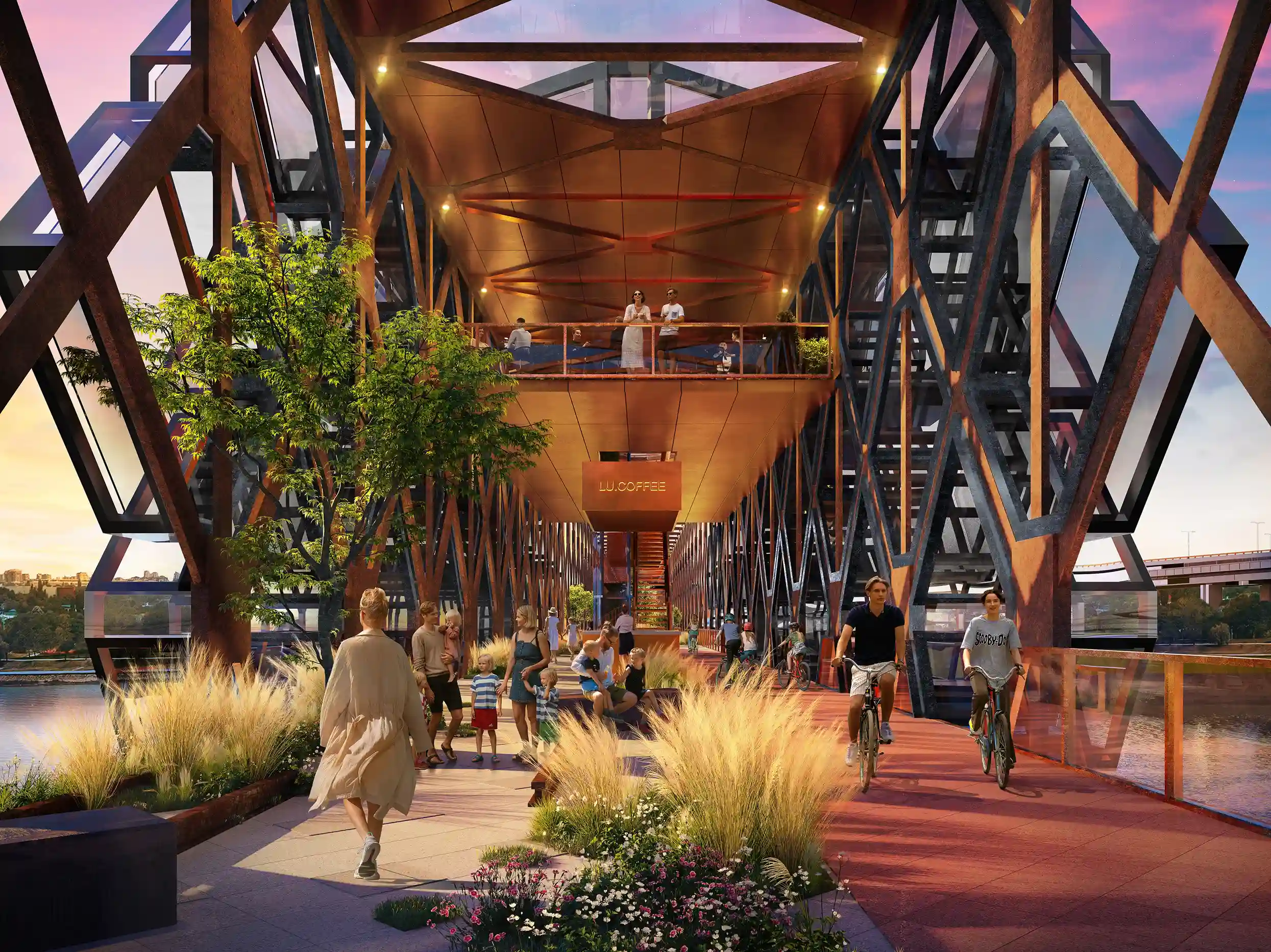 The pedestrian and cyclist bridge 'Zeleni Prelaz' connects Belgrade Waterfront with New Belgrade