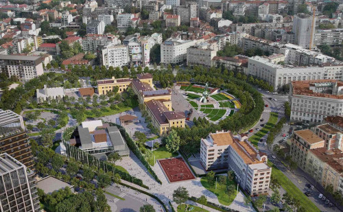 The restored building of the Old Post Office and the railway station at Sava Square.