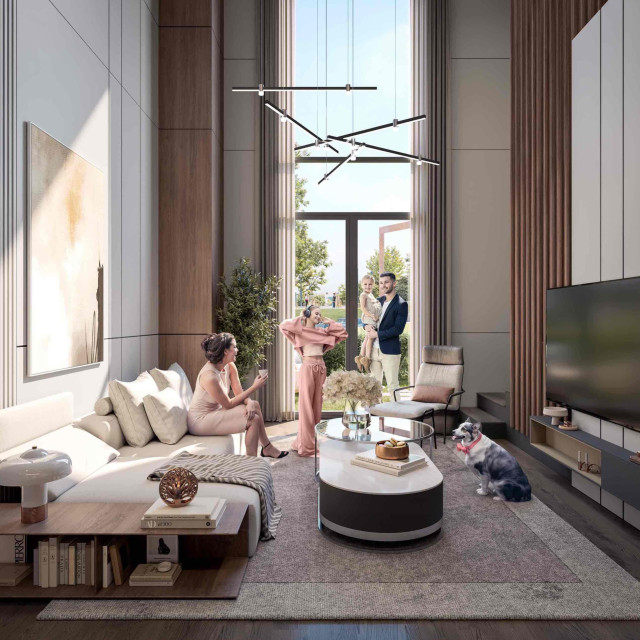 Living room in the duplex apartments on the ground floor of BW Hudson building.