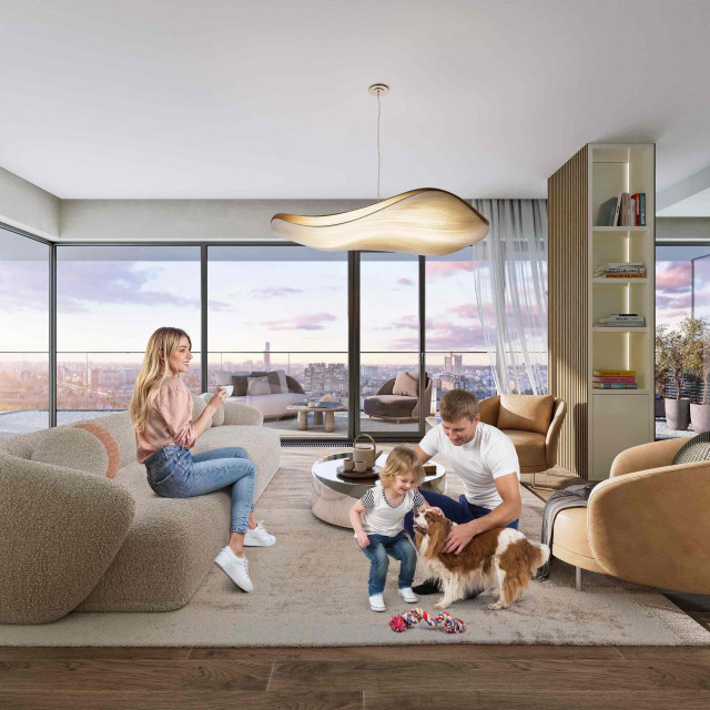 Dnevna soba sa terasom i pogledom na reku u zgradi BW Hudson.