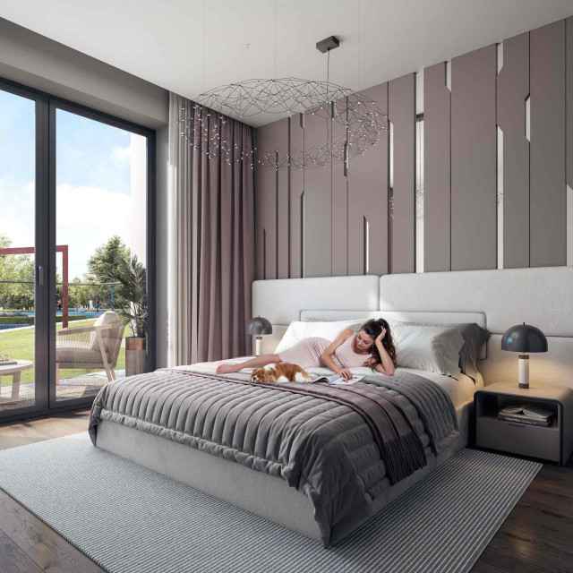 Bedroom in the duplex apartments on the ground floor of BW Hudson building.