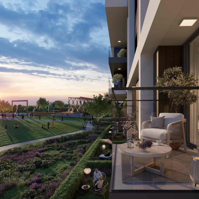 Terrace with a view of Linear Park in the duplex apartments on the ground floor of BW Hudson building.