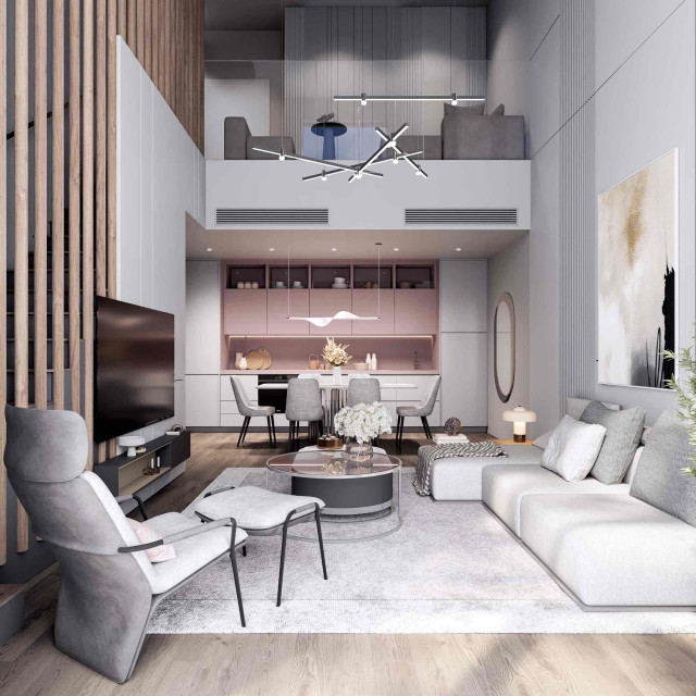 Dining room, kitchen, and living room in the duplex apartments on the ground floor of BW Hudson building.