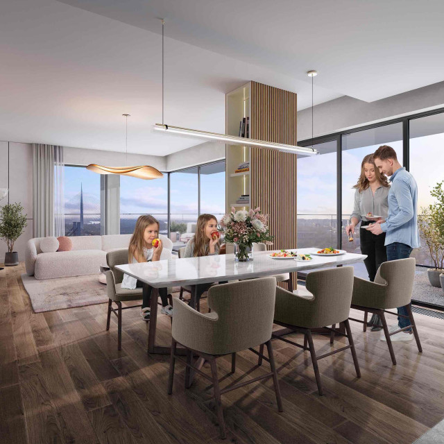 Dining room and living room in BW Hudson building.