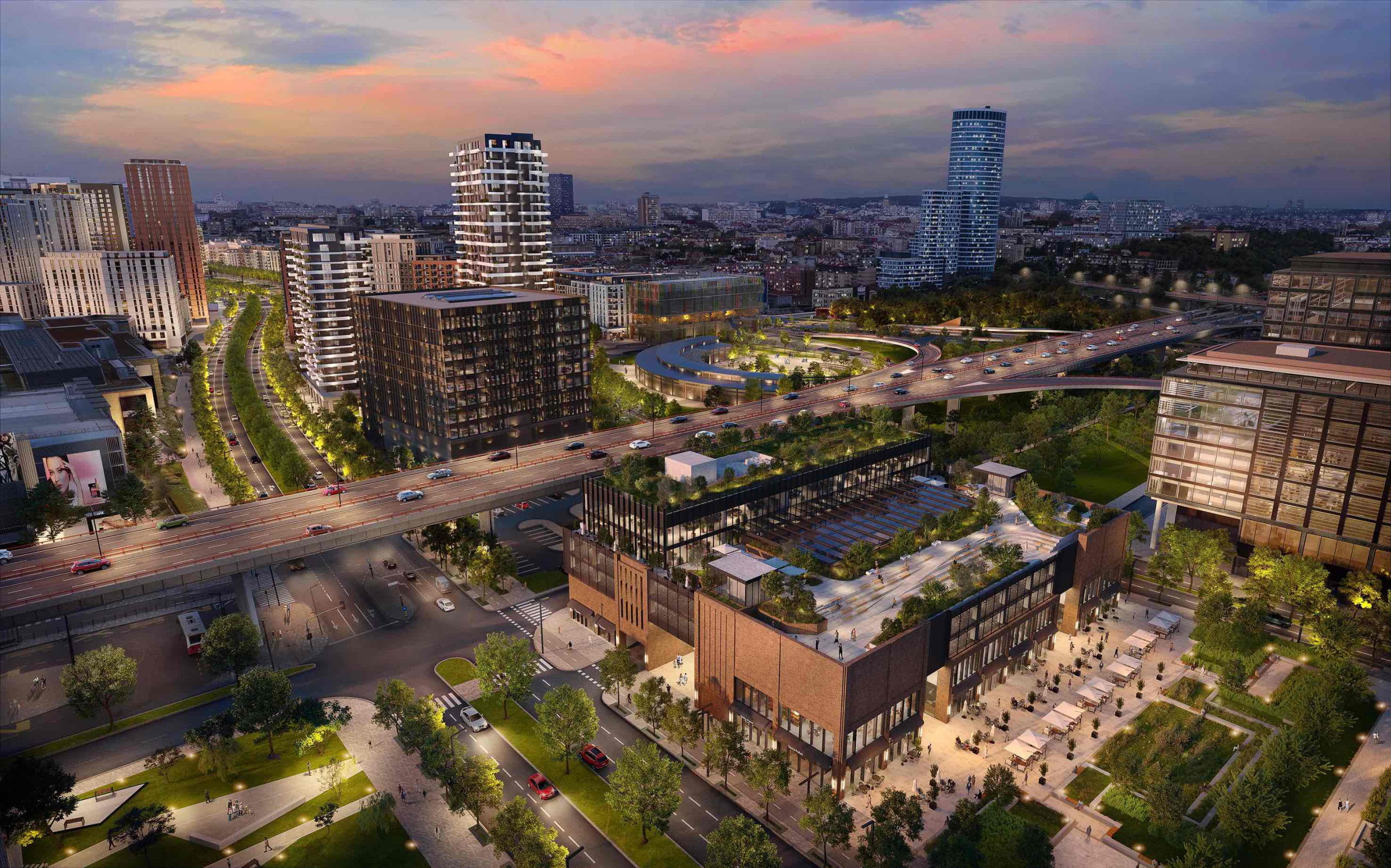 Gastro pijaca Beograda na vodi, osvetljen noću.