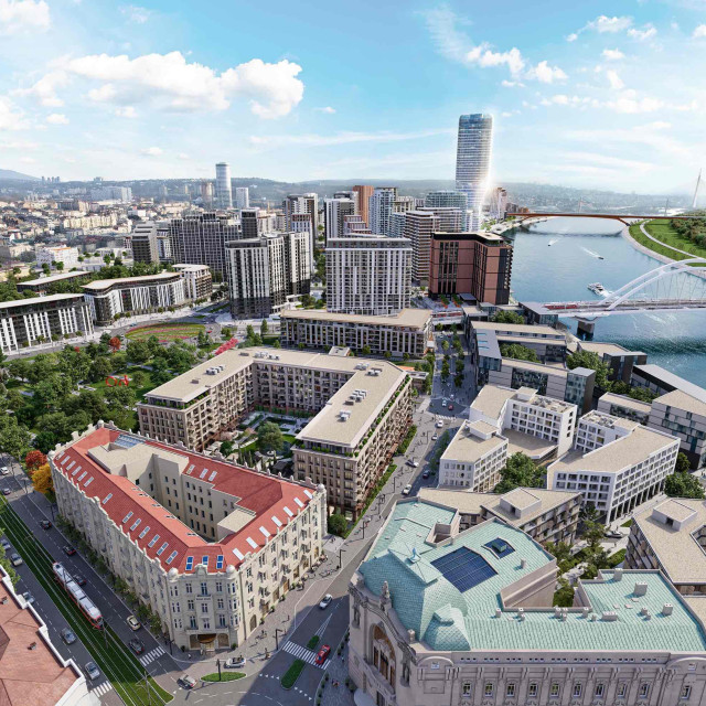 A bird's-eye view of Bristol Park bathed in sunlight, nestled within the magnificent surroundings of Belgrade Waterfront.