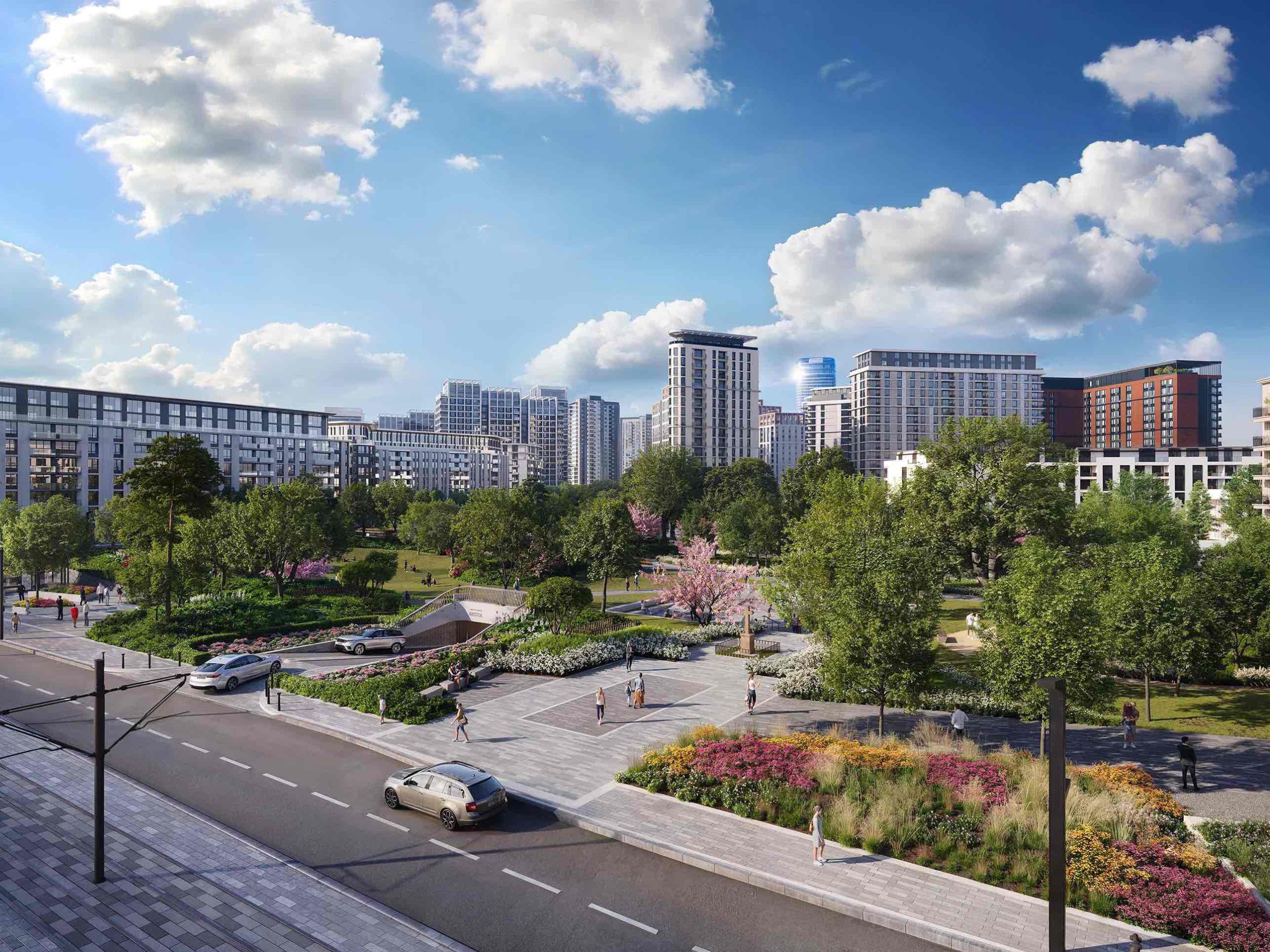 Beautiful green spaces, spacious pathways, and an underground garage at Bristol Park in Belgrade Waterfront.