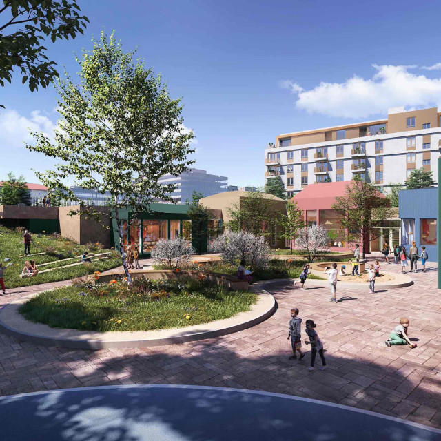 Igralište i kućice modernog vrtića Beograda na vodi puno dece koja uživaju u igri.