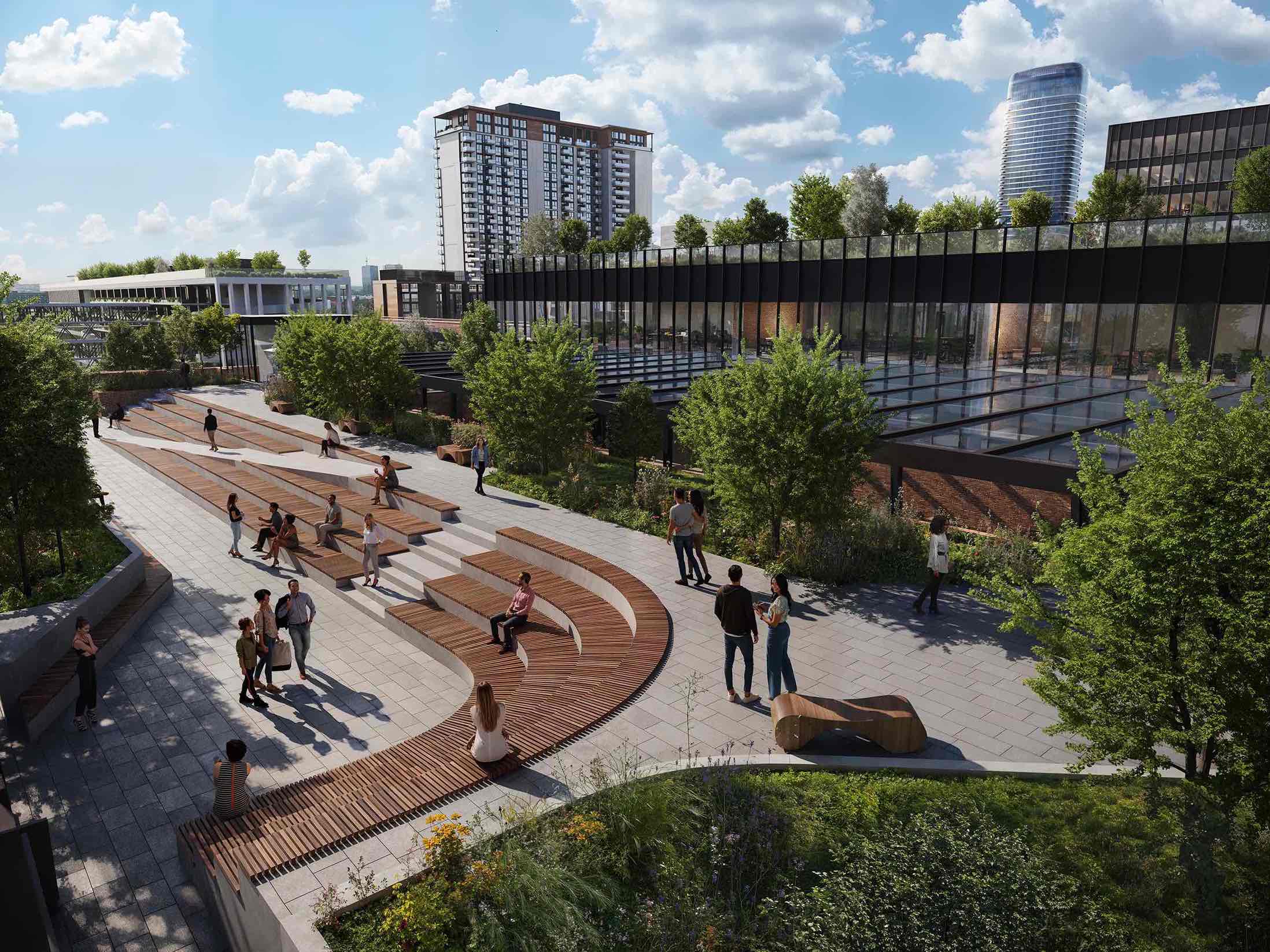 Residents of Belgrade Waterfront enjoying the relaxing atmosphere on the green roof of the new Gastro Market.