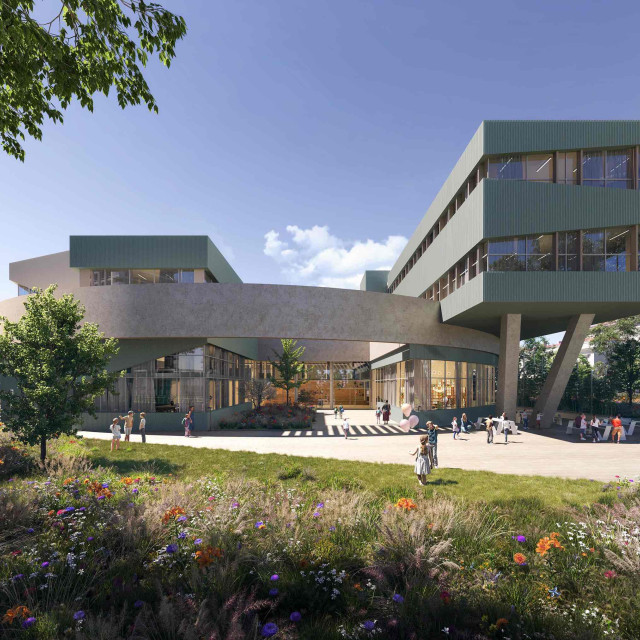 A modern, bilingual primary school with a courtyard full of greenery in Belgrade Waterfront.
