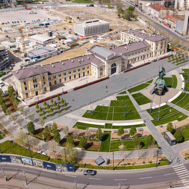 Panoramic view of the Sava Square in Belgrade Waterfront.