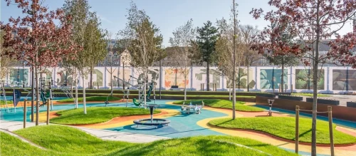 A spacious children's playground within Sava Park at Belgrade Waterfront.