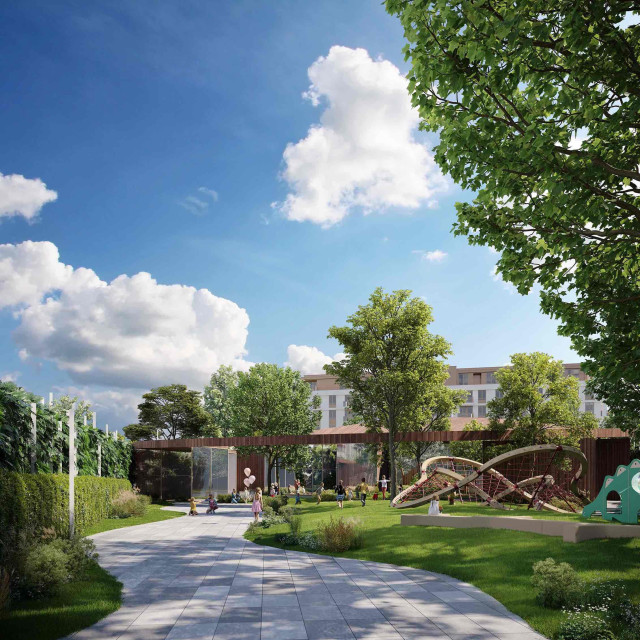 A spacious walkway surrounded by greenery situated near Belgrade Waterfront's modern, state-of-the-art kindergarten.