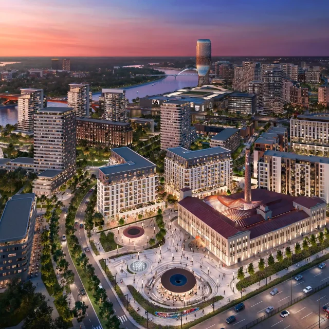 BW Neon and the Nikola Tesla Museum illuminated by city lights.