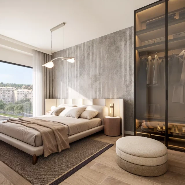 Bedroom with a king-size bed and tall windows in the BW Neon building.