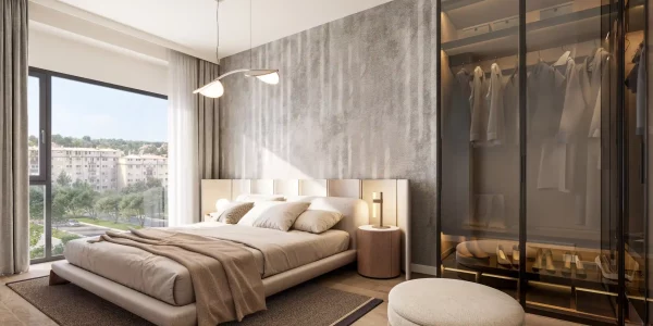 Bedroom with a king-size bed and tall windows in the BW Neon building.