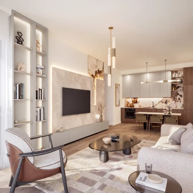 Spacious living room in the BW Neon building, illuminated by natural light