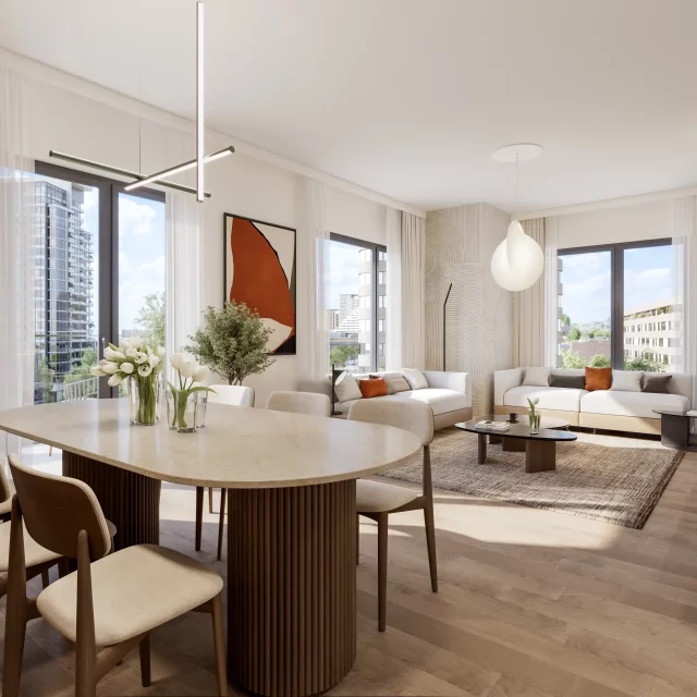 Spacious dining area seamlessly connected to the living room in BW Neon.