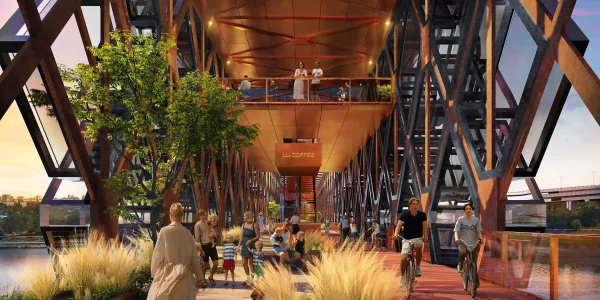 The green oasis of the Green Crossing pedestrian bridge in Belgrade Waterfront.