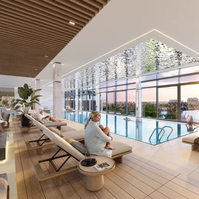 Bazen i spa pozicioniran na mostu između dve zgrade u Beogradu na vodi.