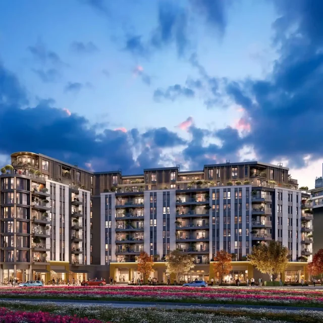 The BW Oda building illuminated at night.