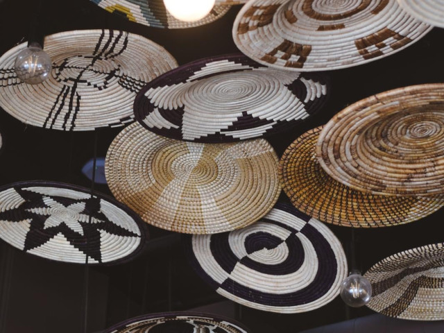 Decorative elements inside the Uganda Connect café in Belgrade Waterfront.