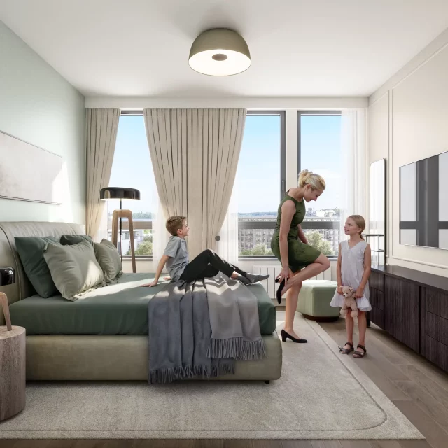 Komforna spavaća soba sa visokim prozorima u zgradi BW Oda.