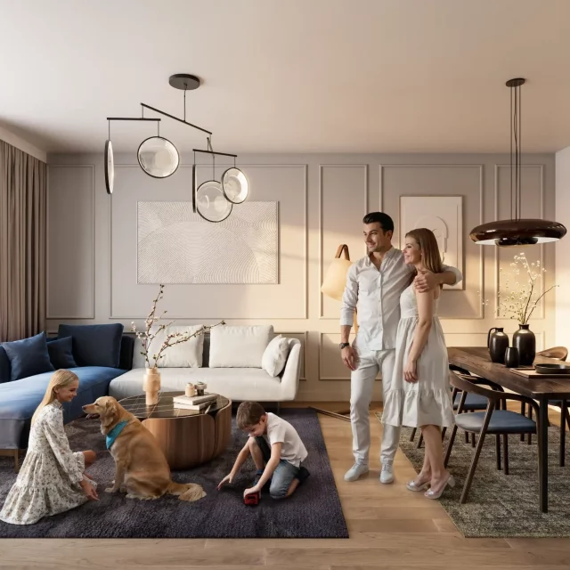Family in a spacious living room in the BW Oda building, bathed in natural light.