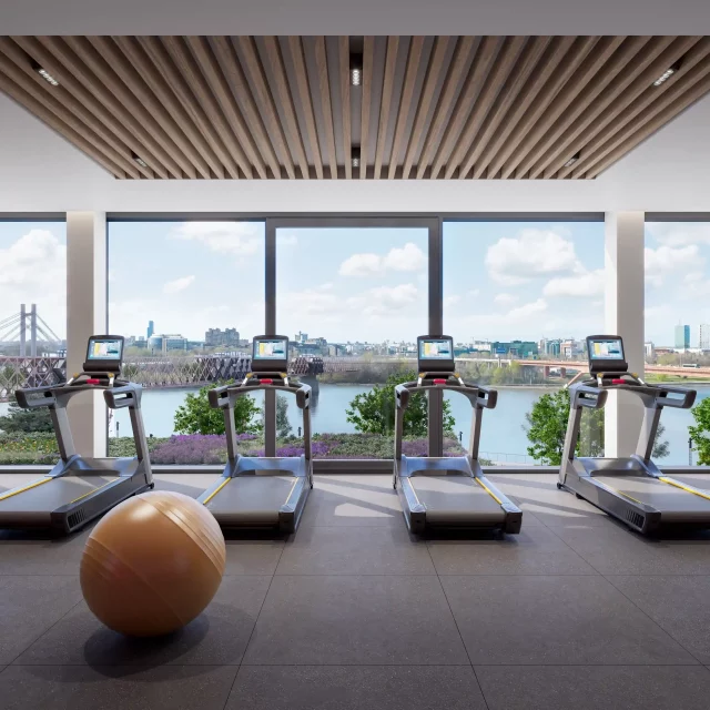 A gym within the Riverline Spa, offering a view of the river.
