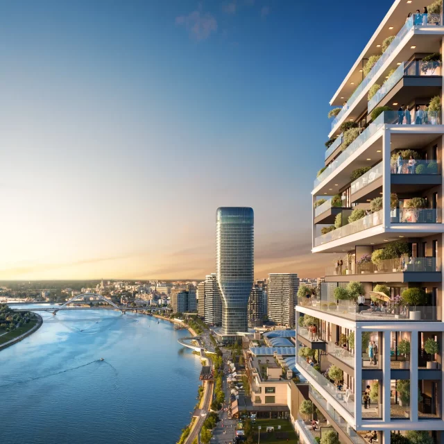 Vibrant views of the Sava Promenada and Kula Belgrade from the terraces of BW Lena apartments.